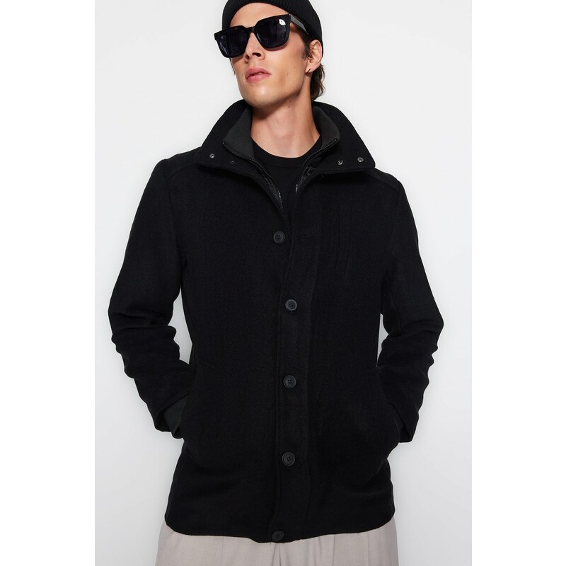 Trendyol Black Men's Regular Fit Standing Collar Wool Blended Winter Coat