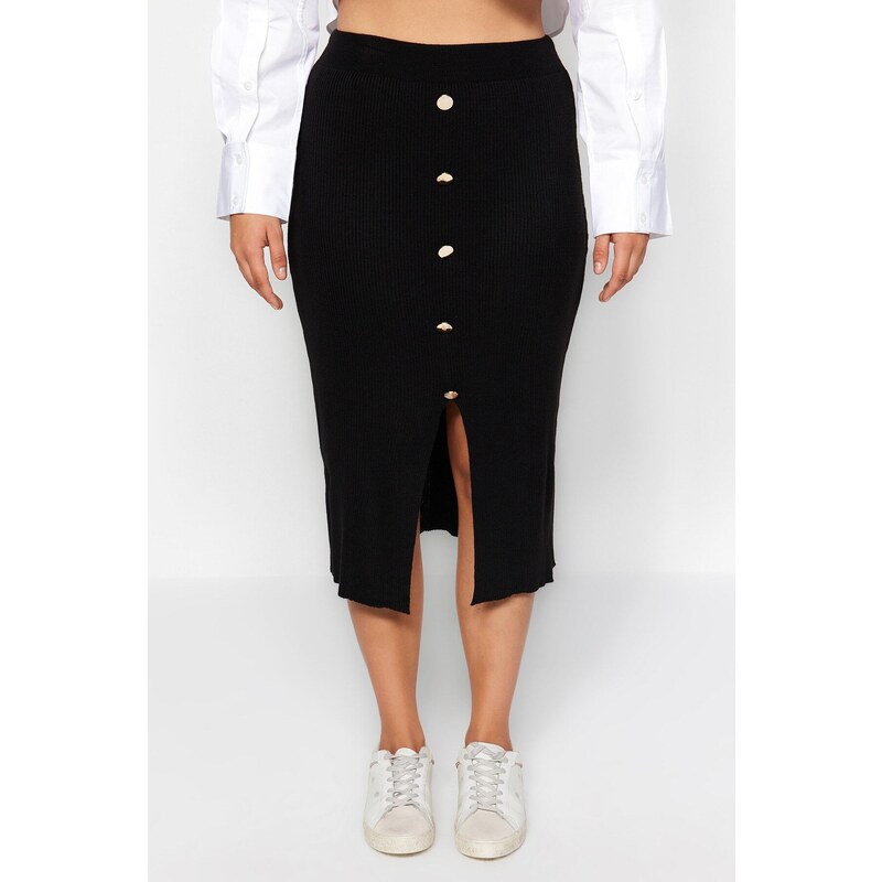 Trendyol Curve Black Gold Button Detailed Corduroy Knit Skirt