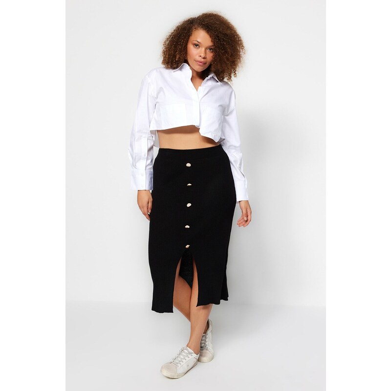 Trendyol Curve Black Gold Button Detailed Corduroy Knit Skirt