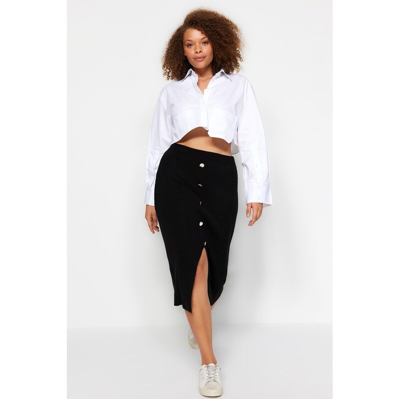 Trendyol Curve Black Gold Button Detailed Corduroy Knit Skirt