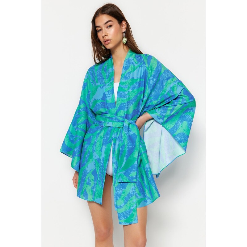 Trendyol Abstract Patterned Belted Mini Woven Kimono & Kaftan