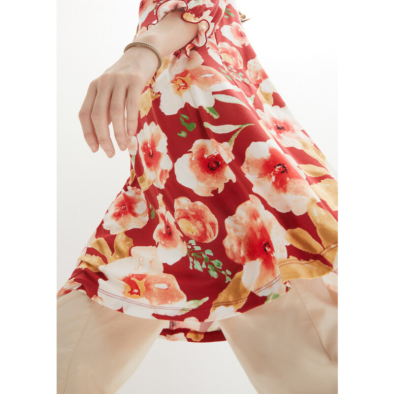 bonprix Žerzejové tunikové šaty s detailem na zavazování ve výstřihu, délka po kolena Červená
