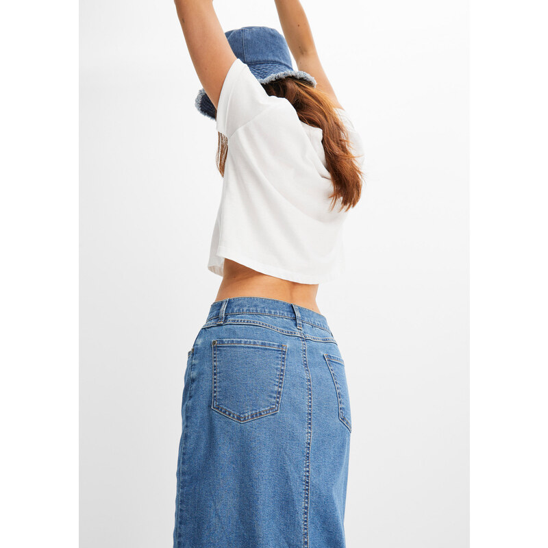 bonprix Dlouhá džínová sukně s rozparkem, z materiálu Positive Denim #1 Fabric Modrá