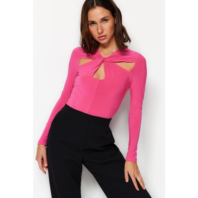 Trendyol Fuchsia Cut Out and Gathered Detail Fitted Bodysuit with Flexible Snaps Knit Body