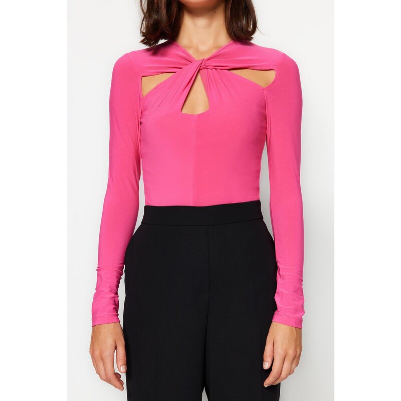 Trendyol Fuchsia Cut Out and Gathered Detail Fitted Bodysuit with Flexible Snaps Knit Body