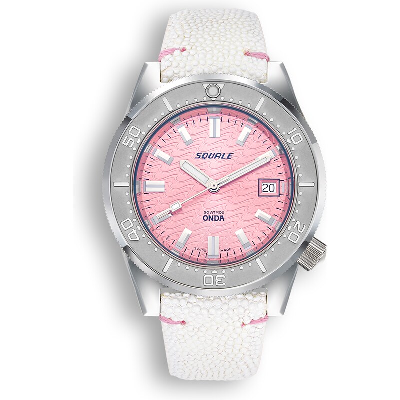 Squale Watches Stříbrné pánské hodinky Squale s koženým páskem 1521 Onda Pink Leather - Silver 42MM Automatic