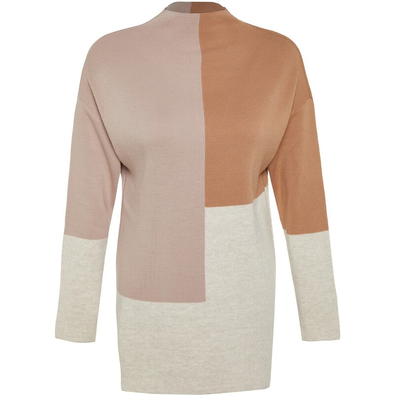 Trendyol Stone Color Block Pletený svetr s vysokým výstřihem