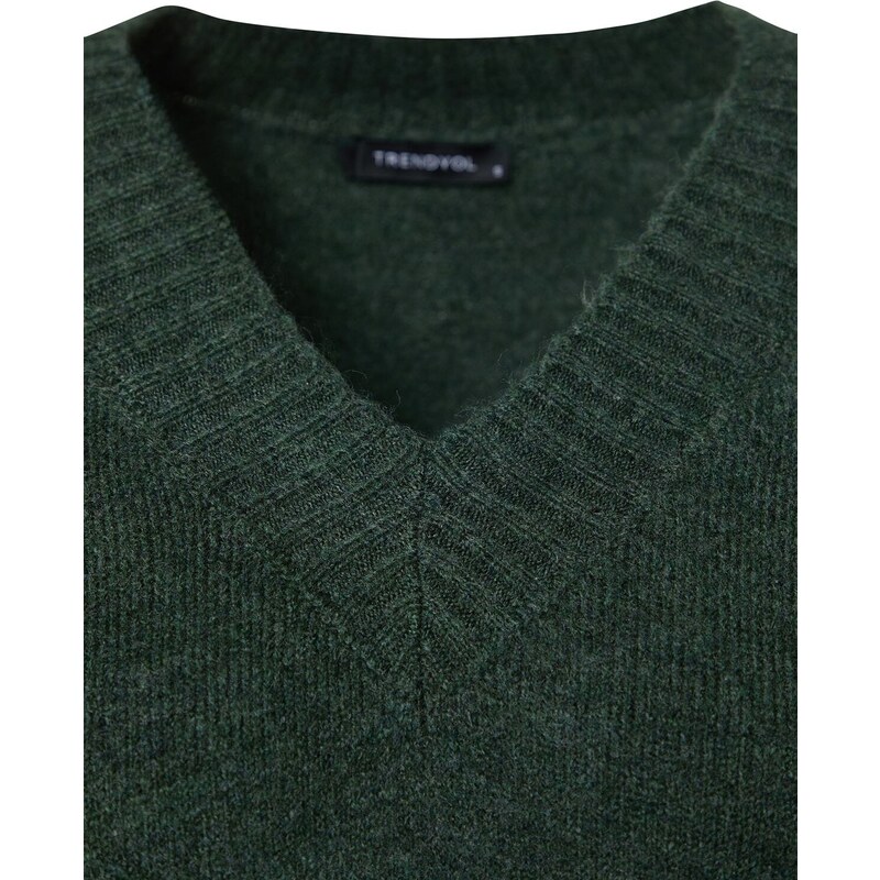 Trendyol zelené super mini pletené šaty s měkkou texturou v výstřihu do V