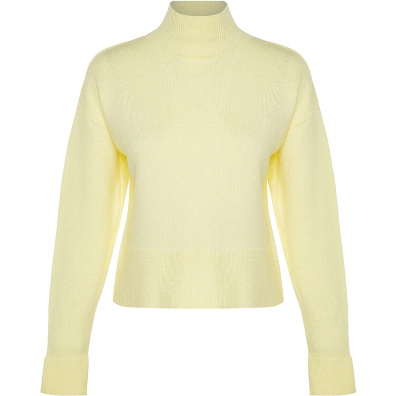 Trendyol Yellow Basic Soft Textured High Neck Sleeve End Štěrbinový pletený svetr