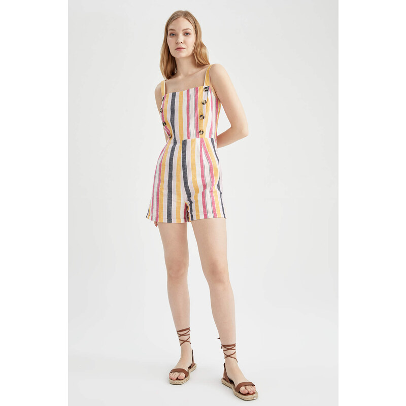 DEFACTO Linen Blended Square Neckline Striped Strapless Jumpsuit