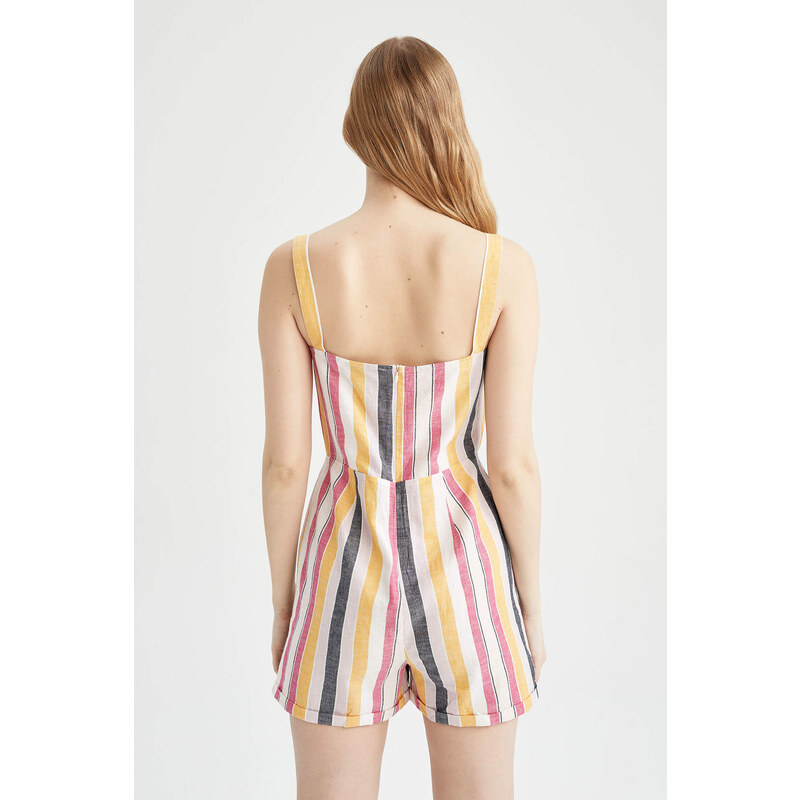 DEFACTO Linen Blended Square Neckline Striped Strapless Jumpsuit