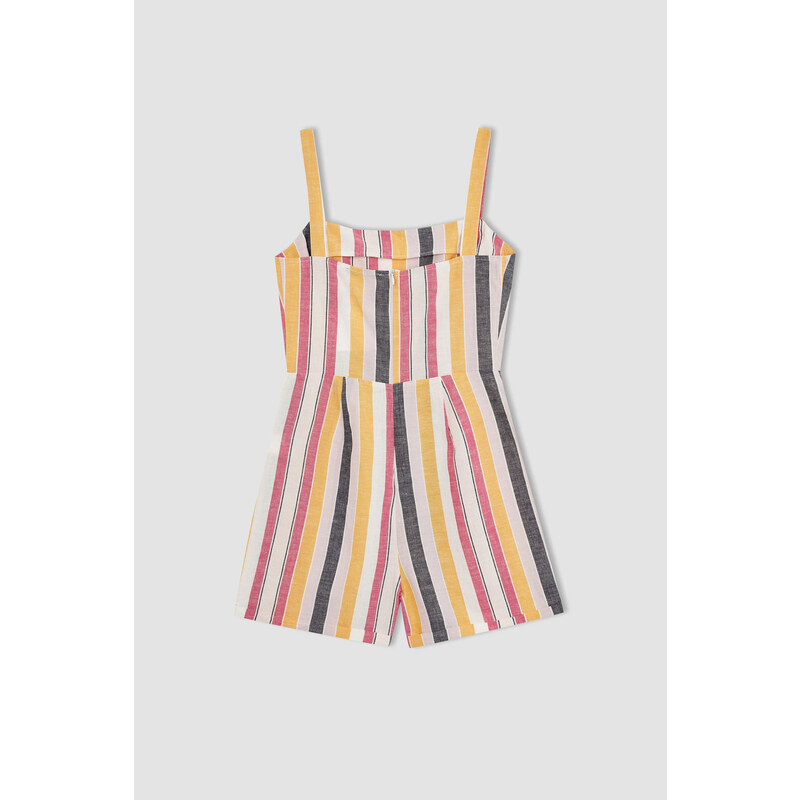 DEFACTO Linen Blended Square Neckline Striped Strapless Jumpsuit