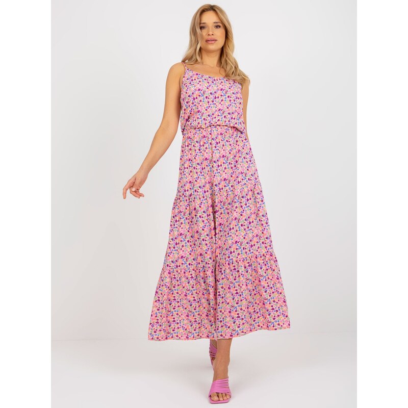 Fashionhunters Růžové maxi šaty s květinami na ramínka SUBLEVEL