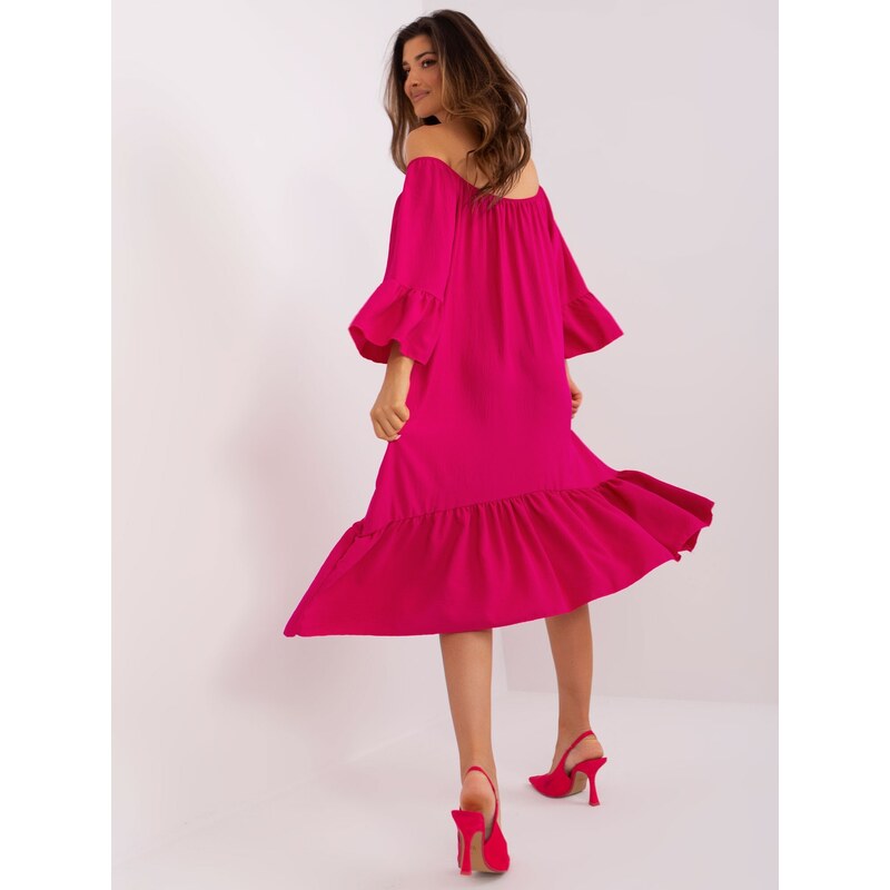 ITALY MODA FUCHSIOVÉ ASYMETRICKÉ OVERSIZE MIDI ŠATY S VOLÁNEM -FUCHSIA Tmavě růžová