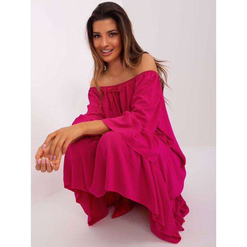 ITALY MODA FUCHSIOVÉ ASYMETRICKÉ OVERSIZE MIDI ŠATY S VOLÁNEM -FUCHSIA Tmavě růžová