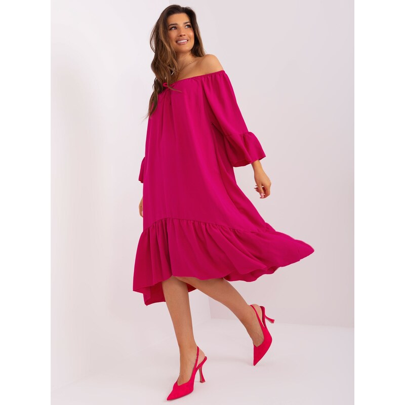 ITALY MODA FUCHSIOVÉ ASYMETRICKÉ OVERSIZE MIDI ŠATY S VOLÁNEM -FUCHSIA Tmavě růžová