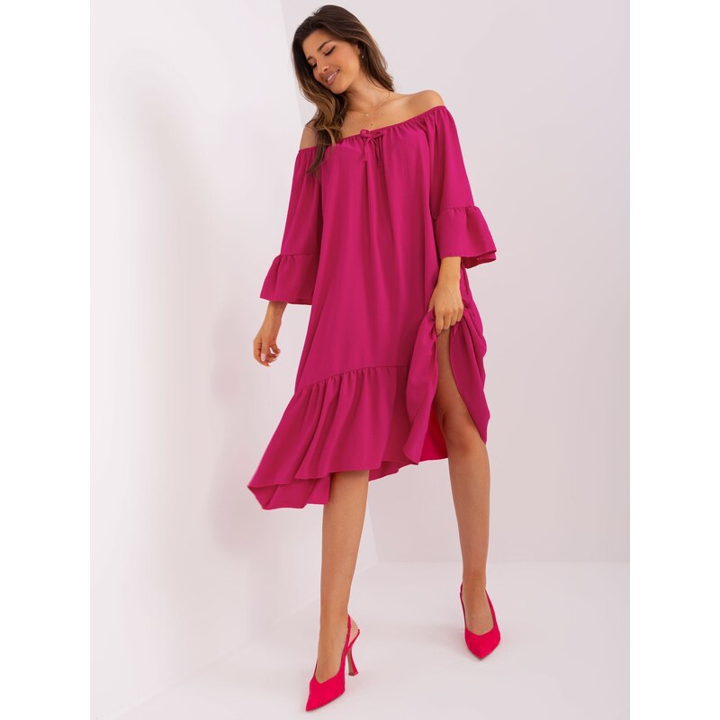 ITALY MODA FUCHSIOVÉ ASYMETRICKÉ OVERSIZE MIDI ŠATY S VOLÁNEM -FUCHSIA Tmavě růžová