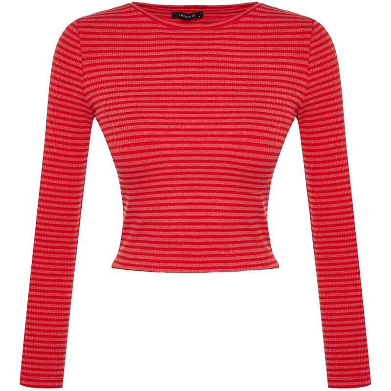 Trendyol Red Striped Slim Crop Crew Neck Ribbed Flexible Knitted Blouse