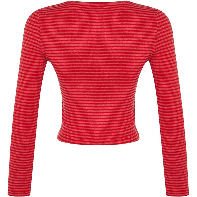 Trendyol Red Striped Slim Crop Crew Neck Ribbed Flexible Knitted Blouse