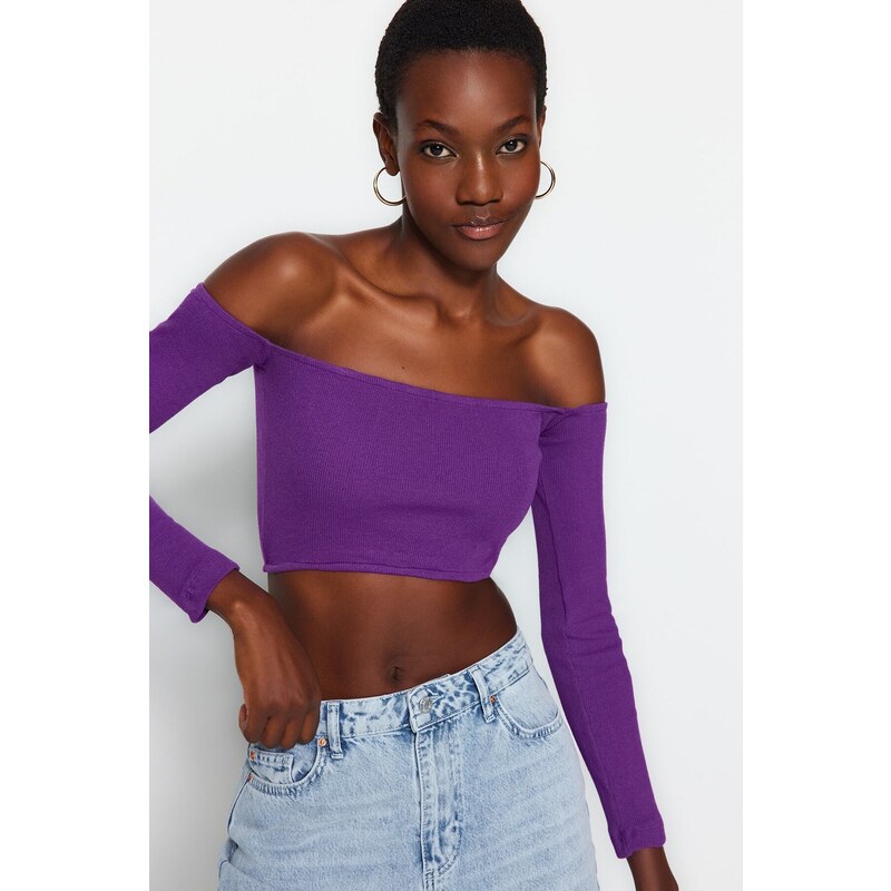 Trendyol Purple Fitted Super Crop Carmen Collar Ribbed Stretch