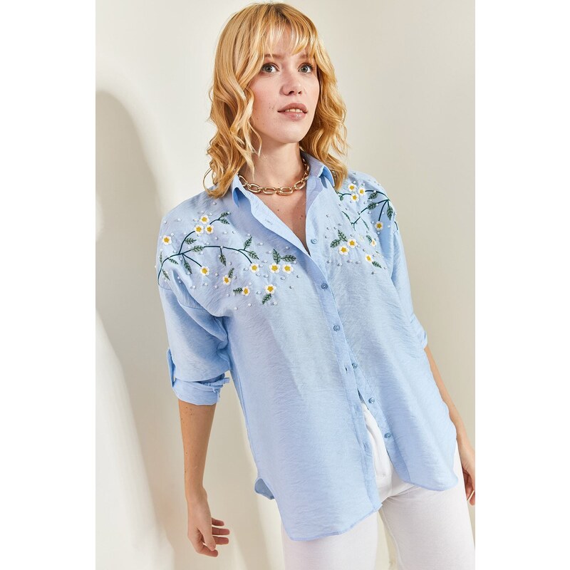 Bianco Lucci Women's Daisy Embroidered Folding Sleeves Airon Linen Shirt