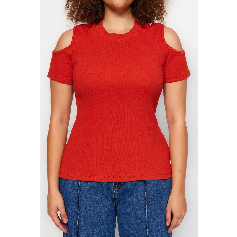 Trendyol Curve Cinnamon Corduroy Knitted Cut Out Detailed Blouse