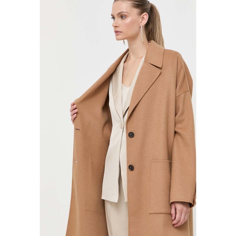Vlněný kabát BOSS béžová barva, přechodný, oversize