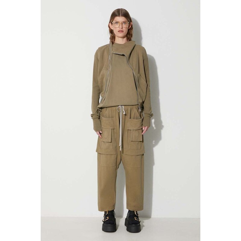 Bavlněné kalhoty Rick Owens zelená barva, široké, medium waist