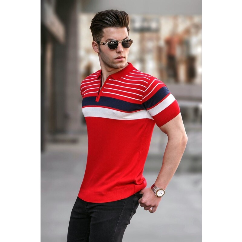 Madmext Men's Red Polo Neck Zippered T-Shirt 5732