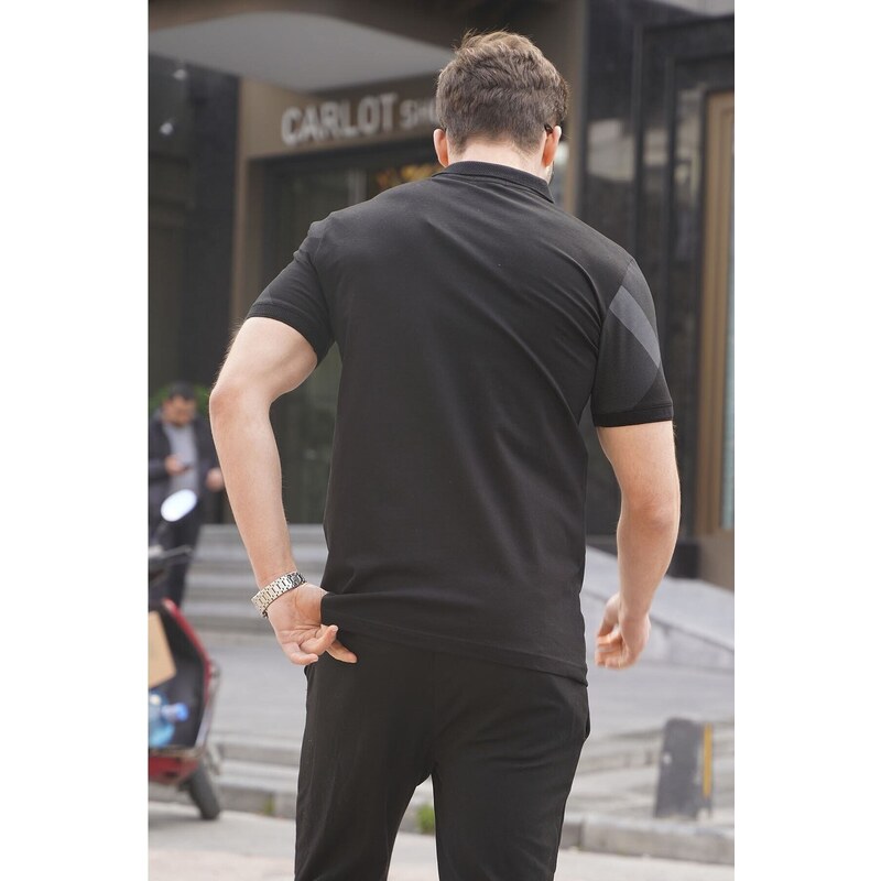 Madmext Black Patterned Polo Neck Men's T-Shirt 6081