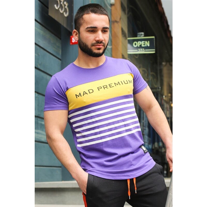 Madmext Line Detail Printed Purple T-Shirt 3041