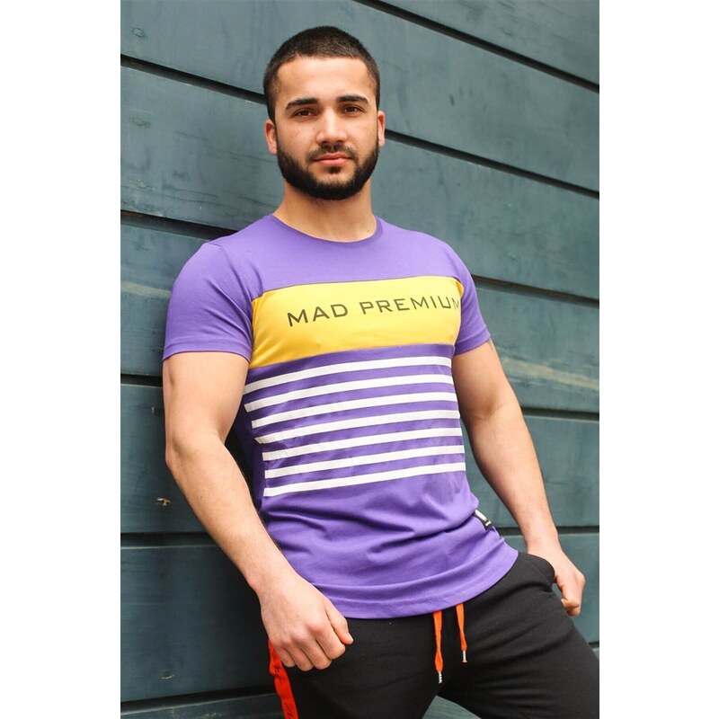 Madmext Line Detail Printed Purple T-Shirt 3041