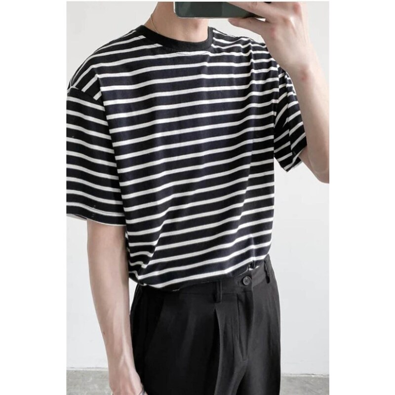 Madmext Men's Black Striped Basic T-Shirt 6071