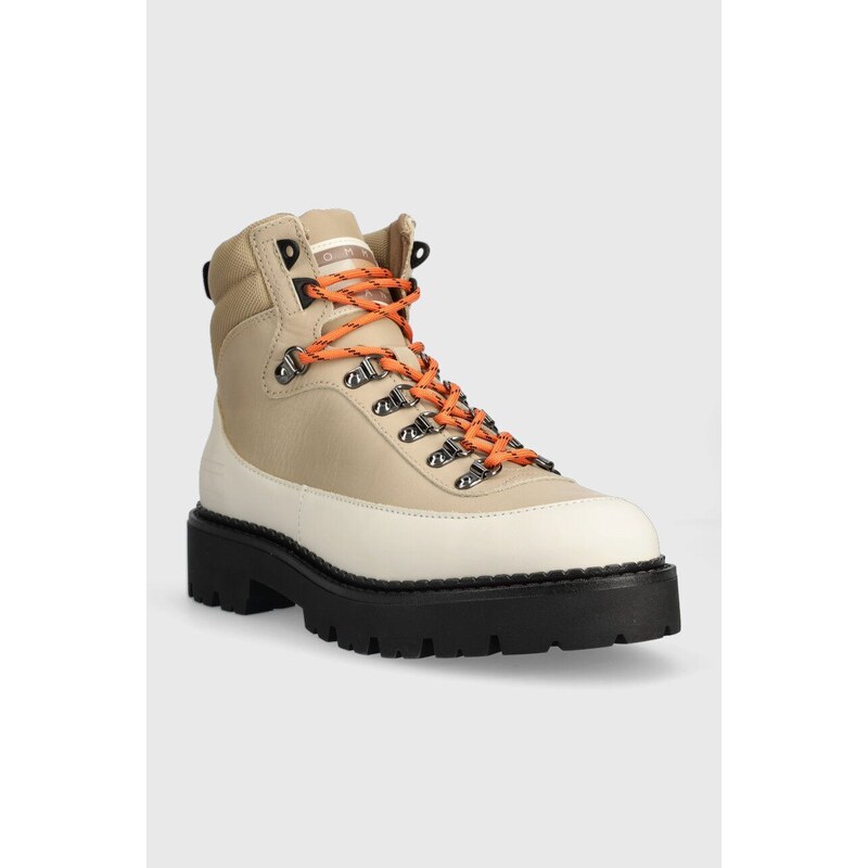 Kožené boty Tommy Jeans TJM BOOT HIKER pánské, béžová barva, EM0EM01252