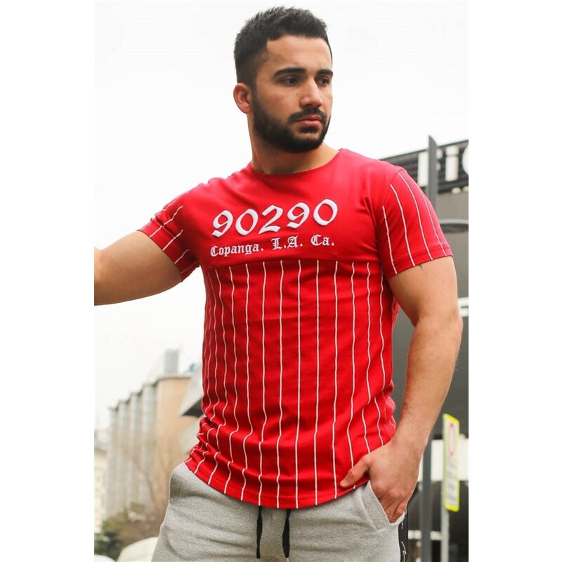 Madmext Crew Neck Stripe Detailed Red T-Shirt 2863