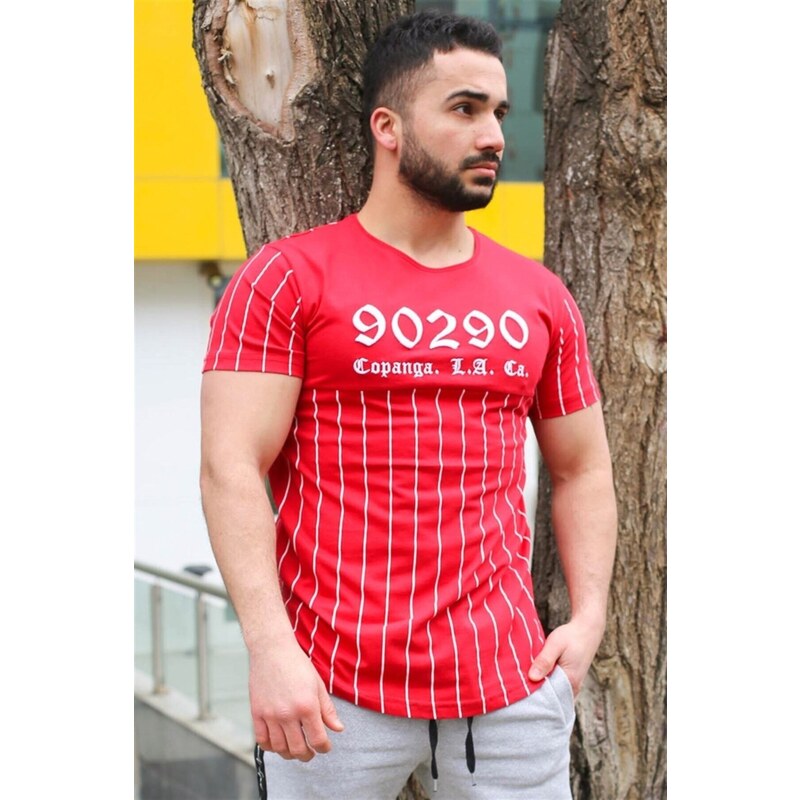 Madmext Crew Neck Stripe Detailed Red T-Shirt 2863