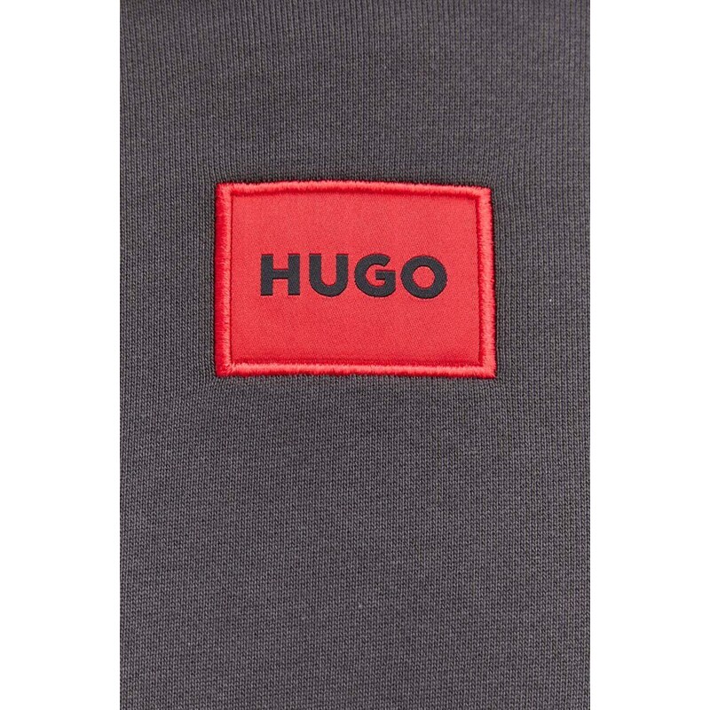 Bavlněná mikina HUGO pánská, šedá barva, s kapucí, s aplikací
