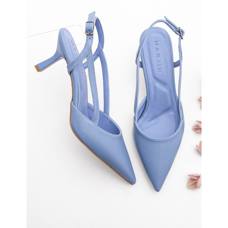 Marjin Women's Pointed Toe Open Side Strap Classic Heel Shoes Suder Blue