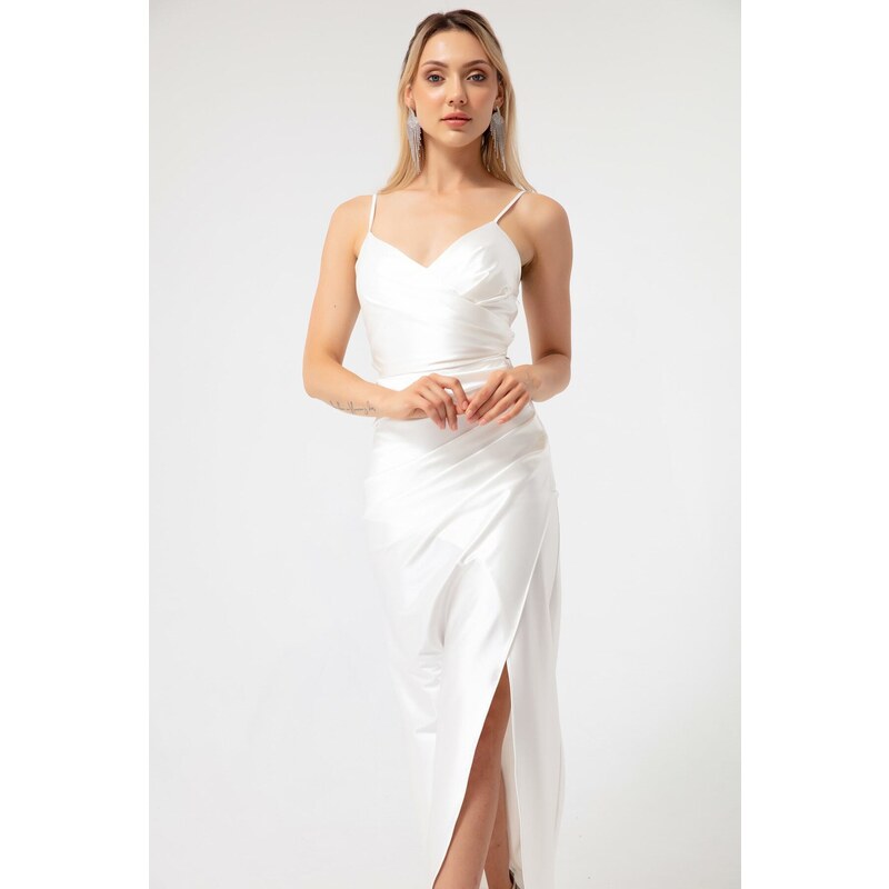 Lafaba Women's White Decollete Long Slit Evening Dress