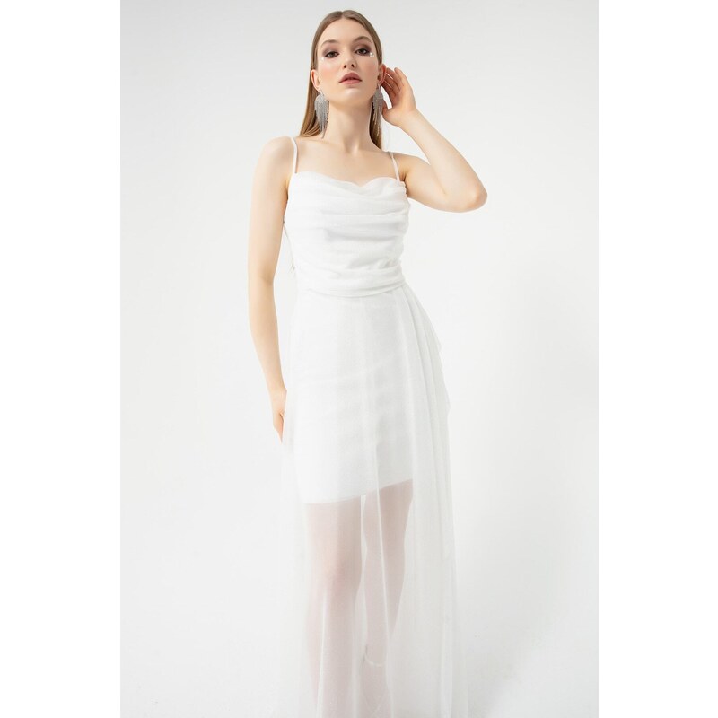 Lafaba Dámské bílé hrudi přehozené volánkové třpytivé večerní šaty