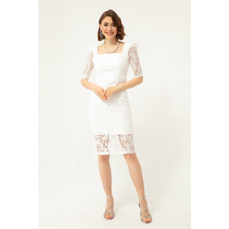 Lafaba Women's White Square Neck Lace Midi Evening Dress.