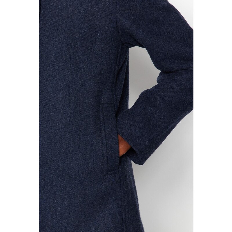 Trendyol Námořnický modrý žebrovaný límec Detailní vlněný kašetový kabát