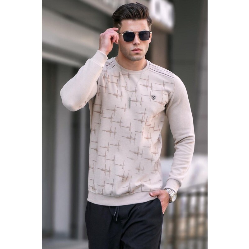 Madmext Beige Patterned Crewneck Knitwear Sweater 5968