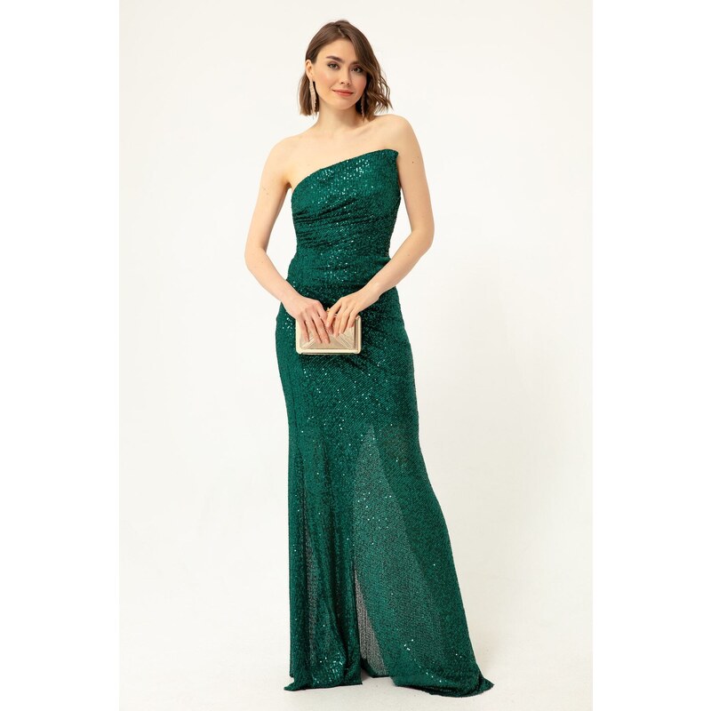 Lafaba Women's Emerald Green Strapless Slit Sequined Long Evening Dress