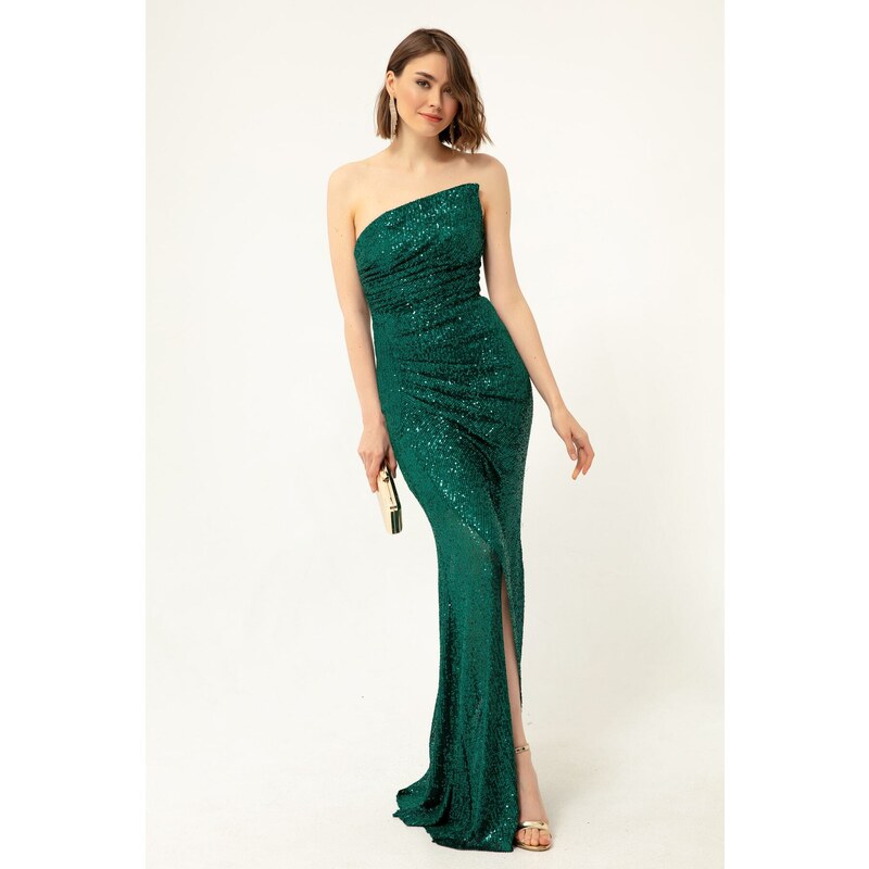 Lafaba Women's Emerald Green Strapless Slit Sequined Long Evening Dress