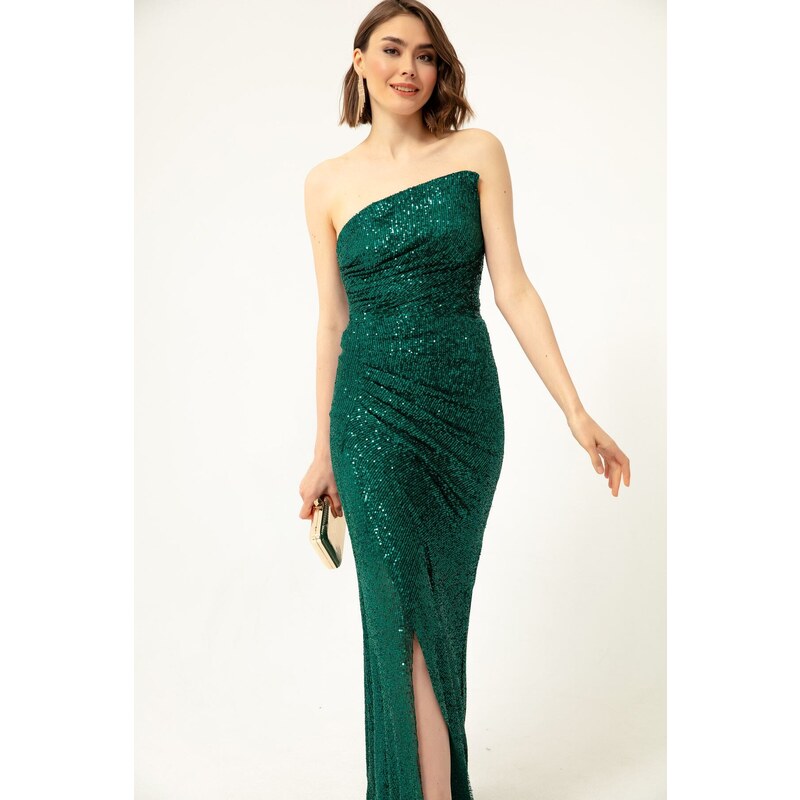 Lafaba Women's Emerald Green Strapless Slit Sequined Long Evening Dress