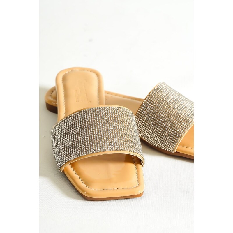 Capone Outfitters With Capone Stones, Single Strap, Flat Heel, Quilted Nude Women's Slippers.