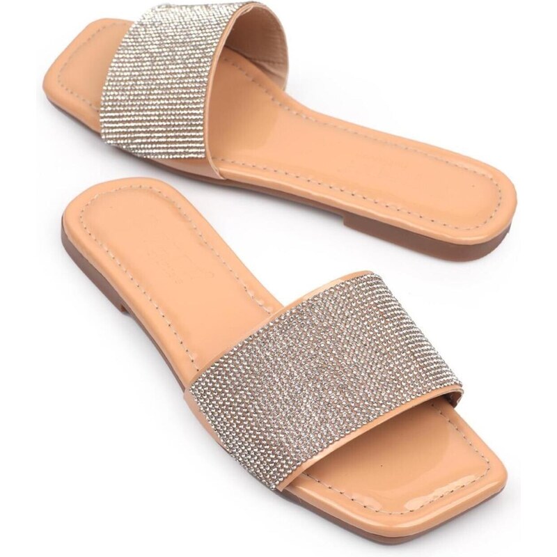 Capone Outfitters With Capone Stones, Single Strap, Flat Heel, Quilted Nude Women's Slippers.