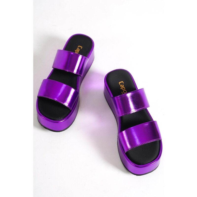 Capone Outfitters Capone Women's Double Strap Wedge Heel Metallic Purple Women's Flatform Sandals