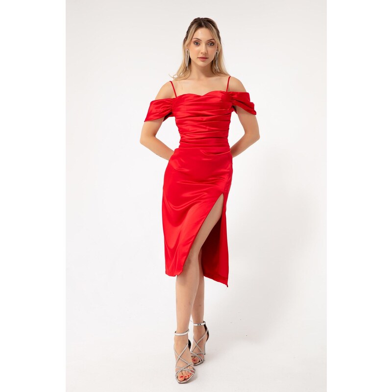Lafaba Women's Red Evening Dress with Slim Straps, Plunger Collar Midi Satin.